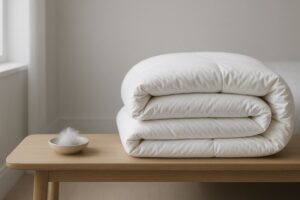 真っ白な羽毛布団と、皿の上に置かれた少量のアイダーダウン