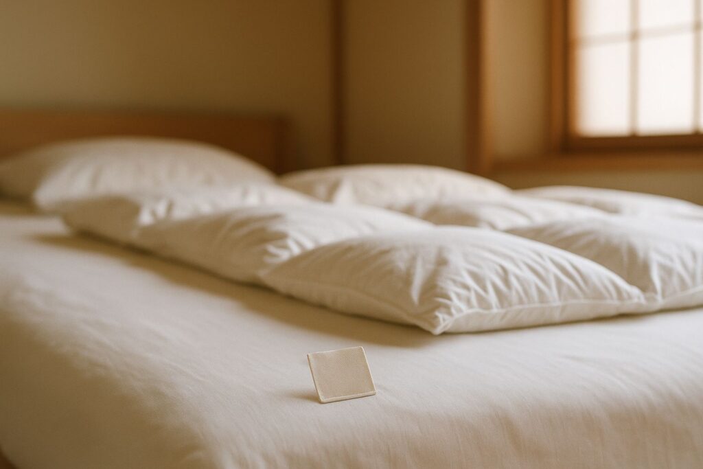 朝の光が差し込む寝室に、白い羽毛布団を整えたベッドと品質表示のタグ