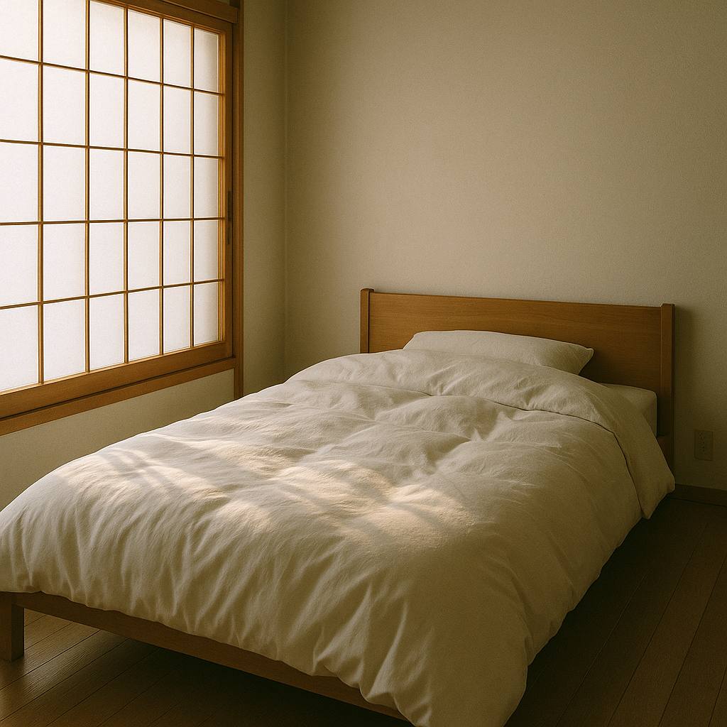 朝の光が差す寝室に整えられた白い羽毛布団