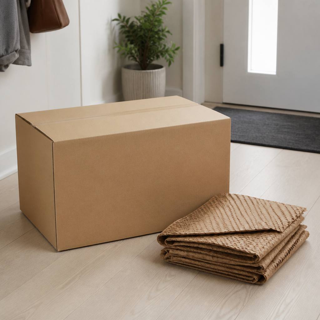 玄関に届いた寝具の箱と梱包材