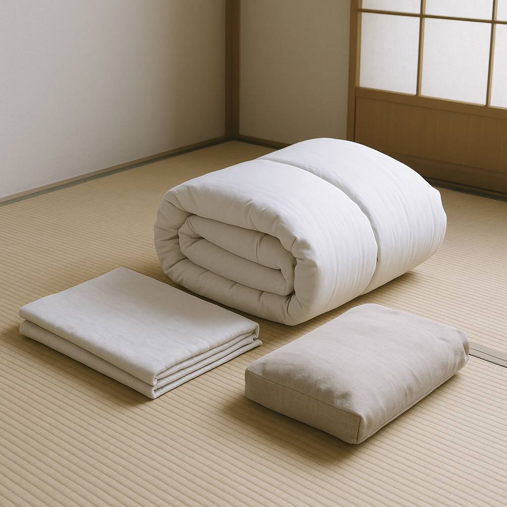 畳んで細く巻いた羽毛布団と、たたまれた掛け布団カバー