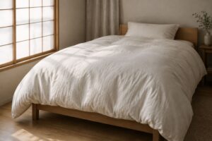 セミダブルベッドに掛けた白い羽毛布団