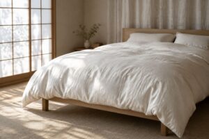 和室のダブルベッドに掛けた白い羽毛布団