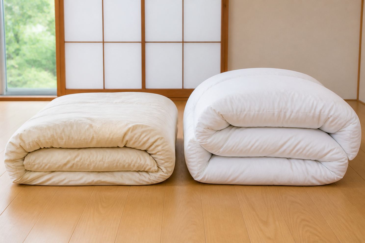 使い込んだ羽毛布団と新しい羽毛布団を並べて比べた様子