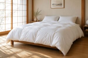 ベッドに広げられた白い羽毛布団